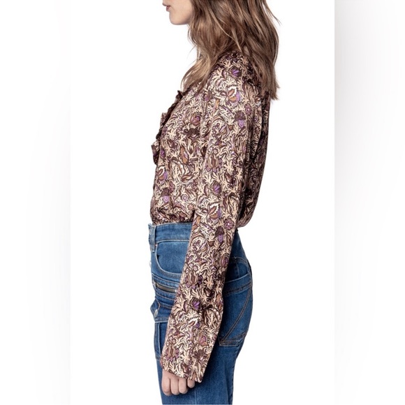 NWOT Zadig & Voltaire Tuska Satin Brown Printed Blouse - Picture 2 of 6